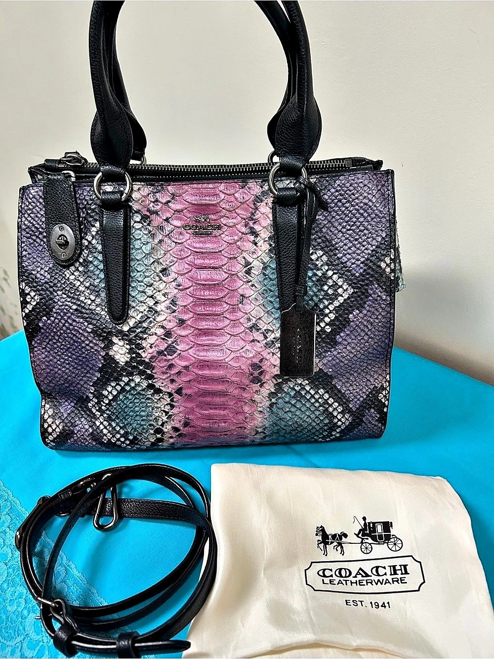 Coach Swagger 27 in Colorblock Snakeskin Tote Purple & Pink